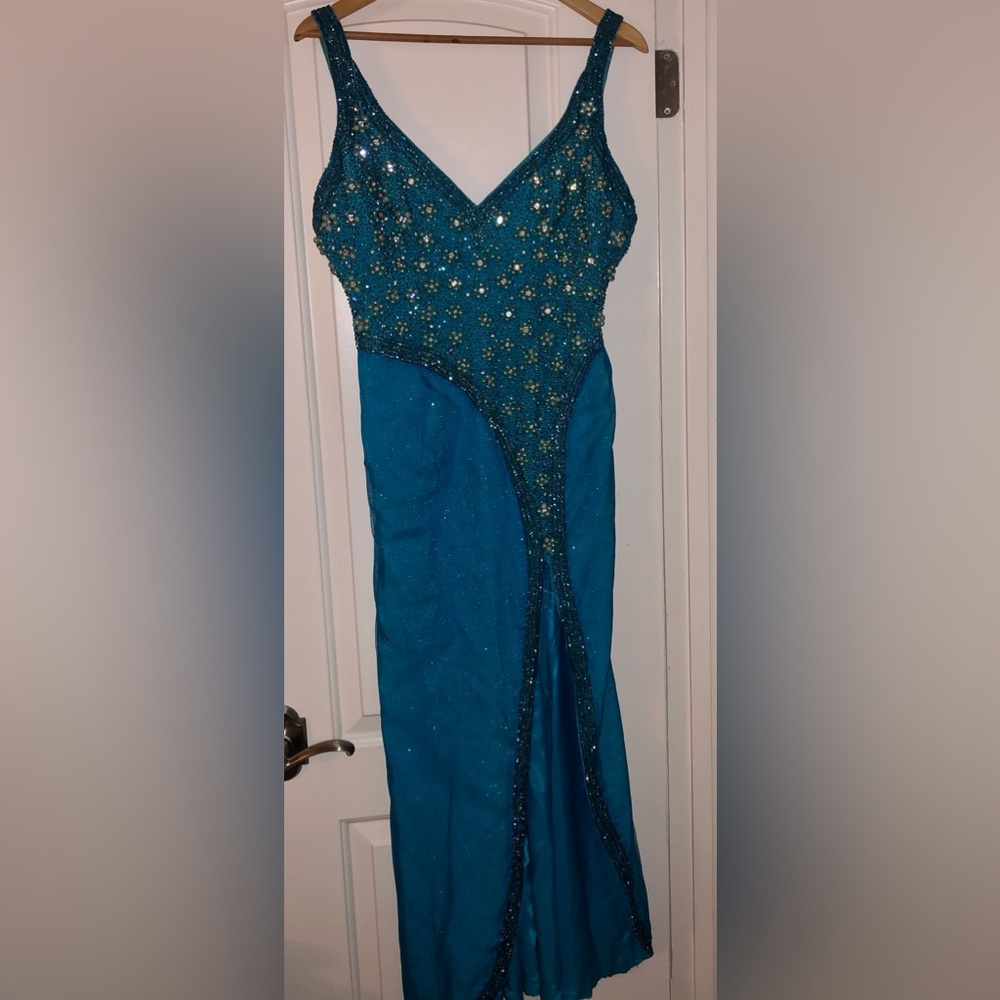 Beautiful custom made beaded sequins dress gown turquoise party wedding prom